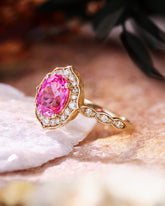 SASKIA Oval Cut Pink Sapphire Halo Vintage Engagement Ring